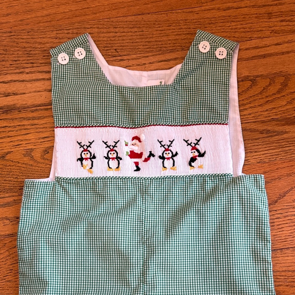 Green Checkered Kids One Piece with Santa and Penguins